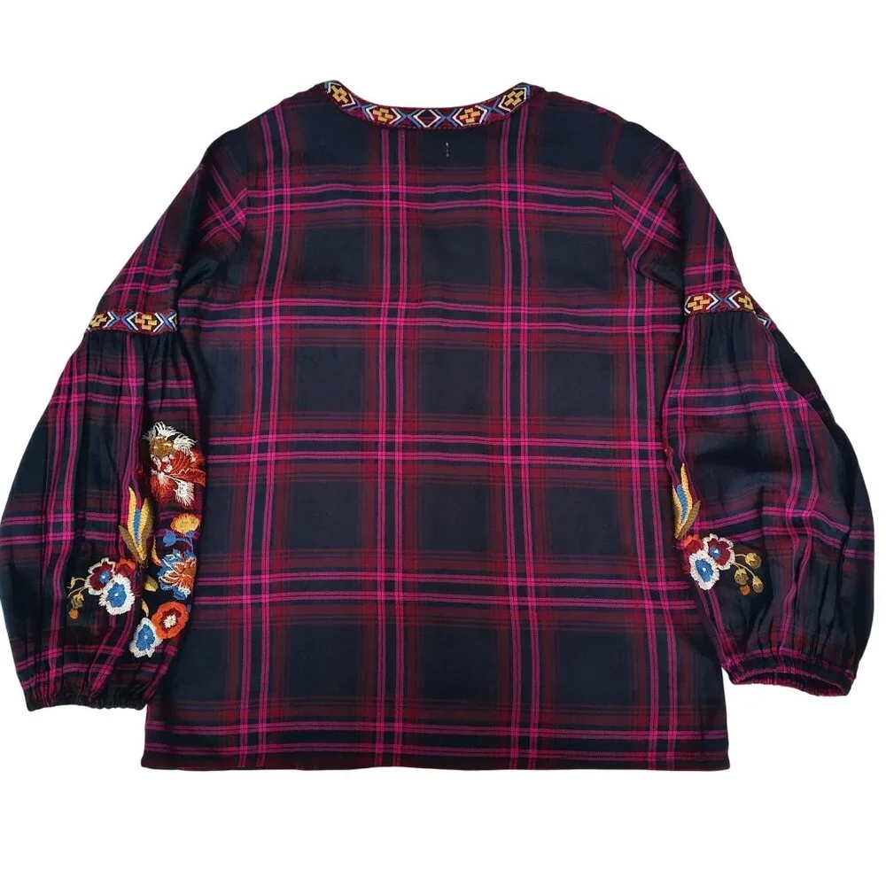 Time For Me Plaid Embroidered Floral Balloon Sleeve V-Neck Blouse Women's Small - Picture 4 of 15